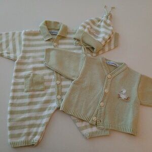Clayeux Cotton Cardigan, Hat & Onesie Bundle 3-6months -made in FRANCE